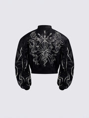 Cappotto in pelle ricamata a maniche corte con collo alto