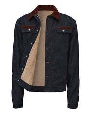 Corduroy and Denim Color-Block Padded Jacket in Dark Red