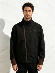 Lightweight outdoor color-block jacket with a stand collar, diagonal zipper, and multiple pockets.