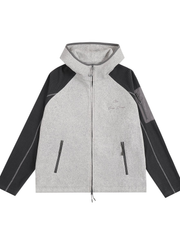 Color-block zip-up hooded jacket with stand collar and Hasselblad-style detailing