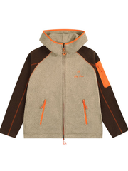 Color-block zip-up hooded jacket with stand collar and Hasselblad-style detailing