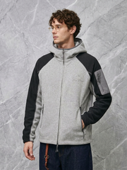 Color-block zip-up hooded jacket with stand collar and Hasselblad-style detailing