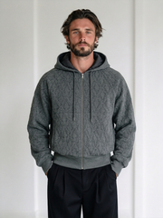 Men's cropped hooded sweatshirt with a textured jacquard finish