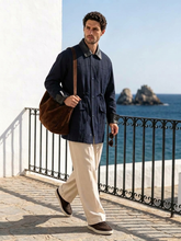 Vintage-style denim and leather-panel casual jacket