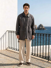 Vintage-style denim and leather-panel casual jacket