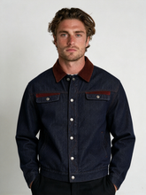 Corduroy and Denim Color-Block Padded Jacket in Dark Red