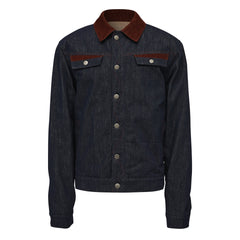 Corduroy and Denim Color-Block Padded Jacket in Dark Red