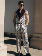Men's Color-Block Cotton-Linen Printed Sleeveless Jumpsuit