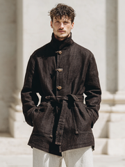 Cappotto da uomo in lino con collo alto e bottoni
