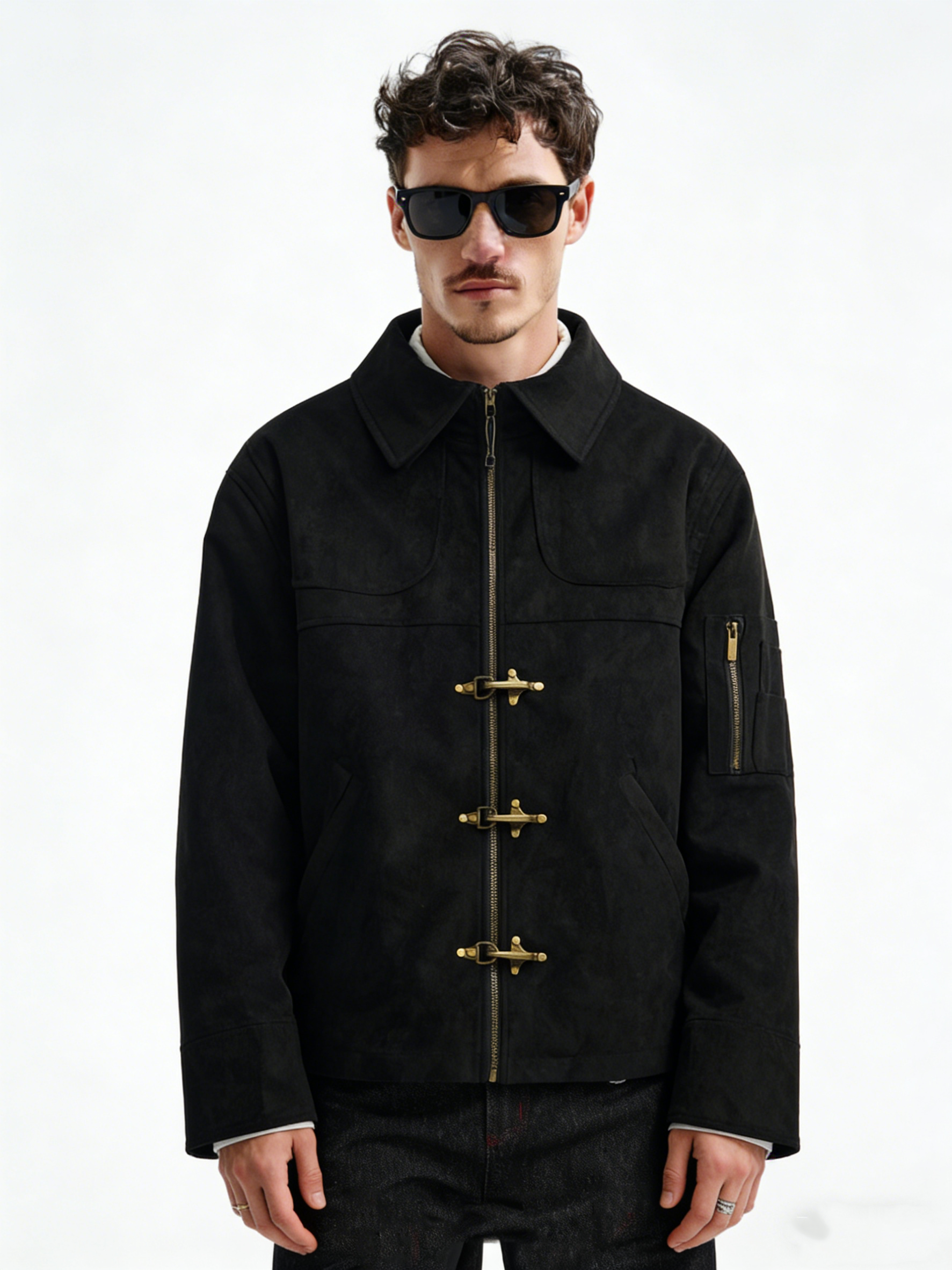 An airplane-themed retro suede coat
