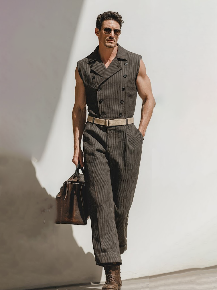 Striped Double-Breasted Printed Jumpsuit (Belt Not Included)
