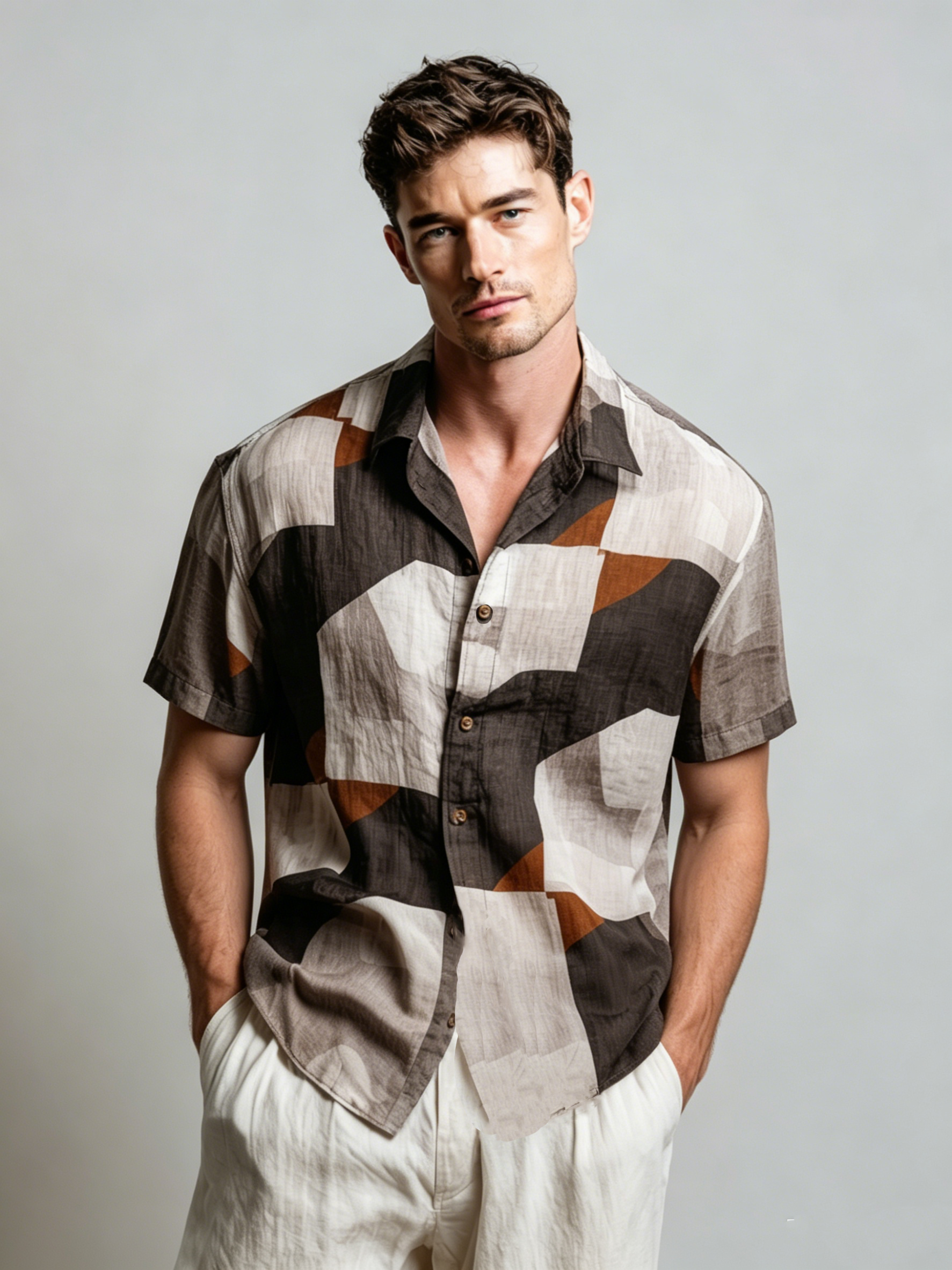Men's casual linen geometric printed sleeveless shirt