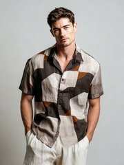 Men's casual linen geometric printed sleeveless shirt