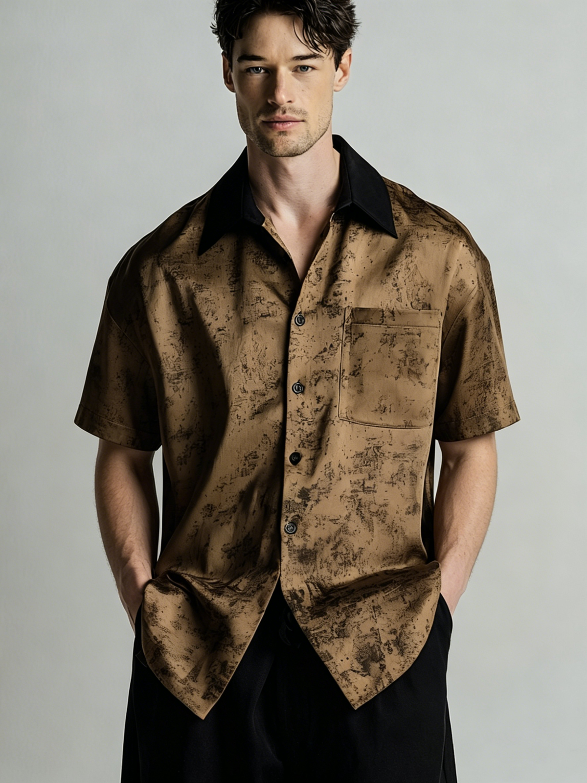 Chemise décontractée à col imprimé color-block pour homme