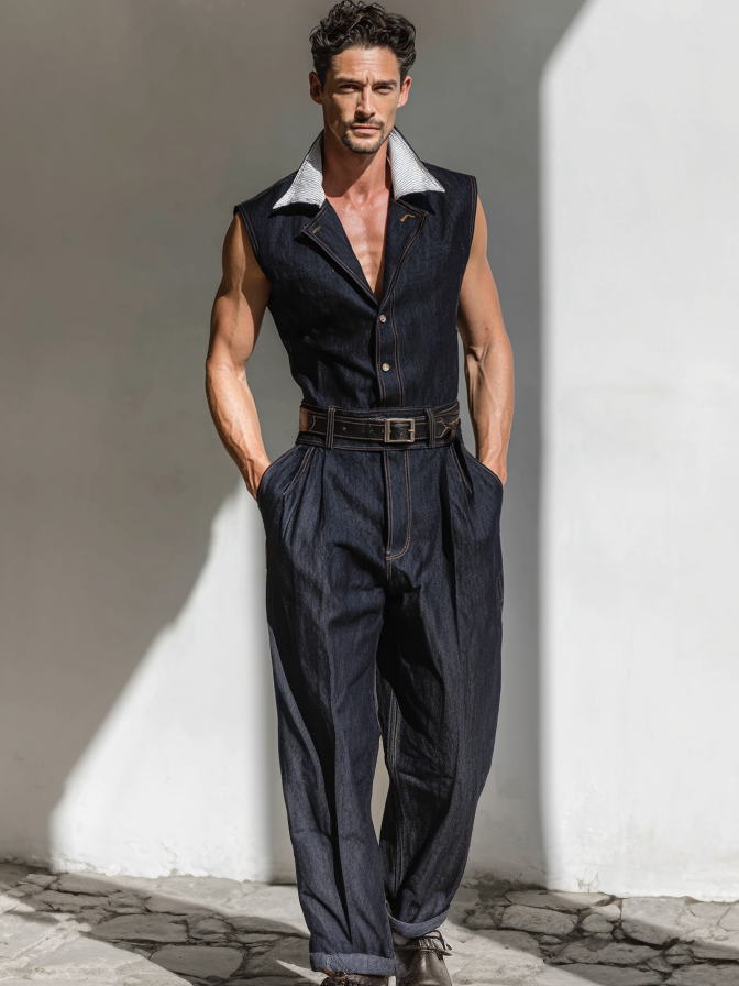 Casual Color-Block Collared Denim Jumpsuit (Belt Not Included)