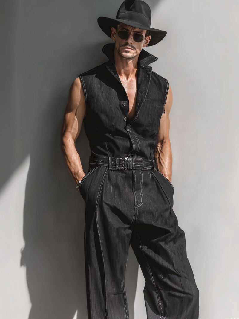 Men's Lightweight Sleeveless Denim Jumpsuit（(Belt not included)）
