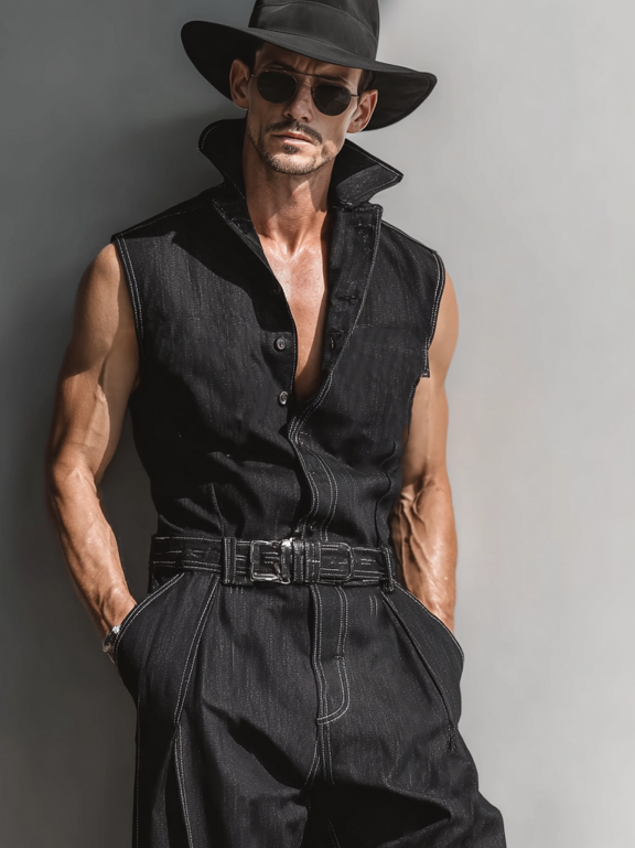 Men's Lightweight Sleeveless Denim Jumpsuit（(Belt not included)）