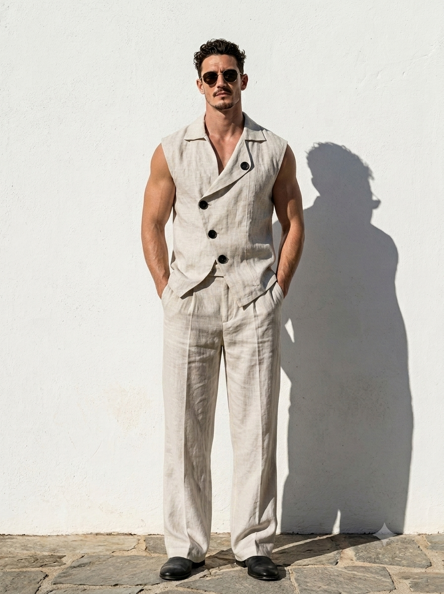 Men's Stylish Asymmetrical Sleeveless Cotton-Linen Blend Set