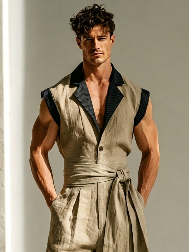 Men's Stylish Cotton-Blend Ribbed Jumpsuit with Panel Detail