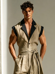 Men's Stylish Cotton-Blend Ribbed Jumpsuit with Panel Detail