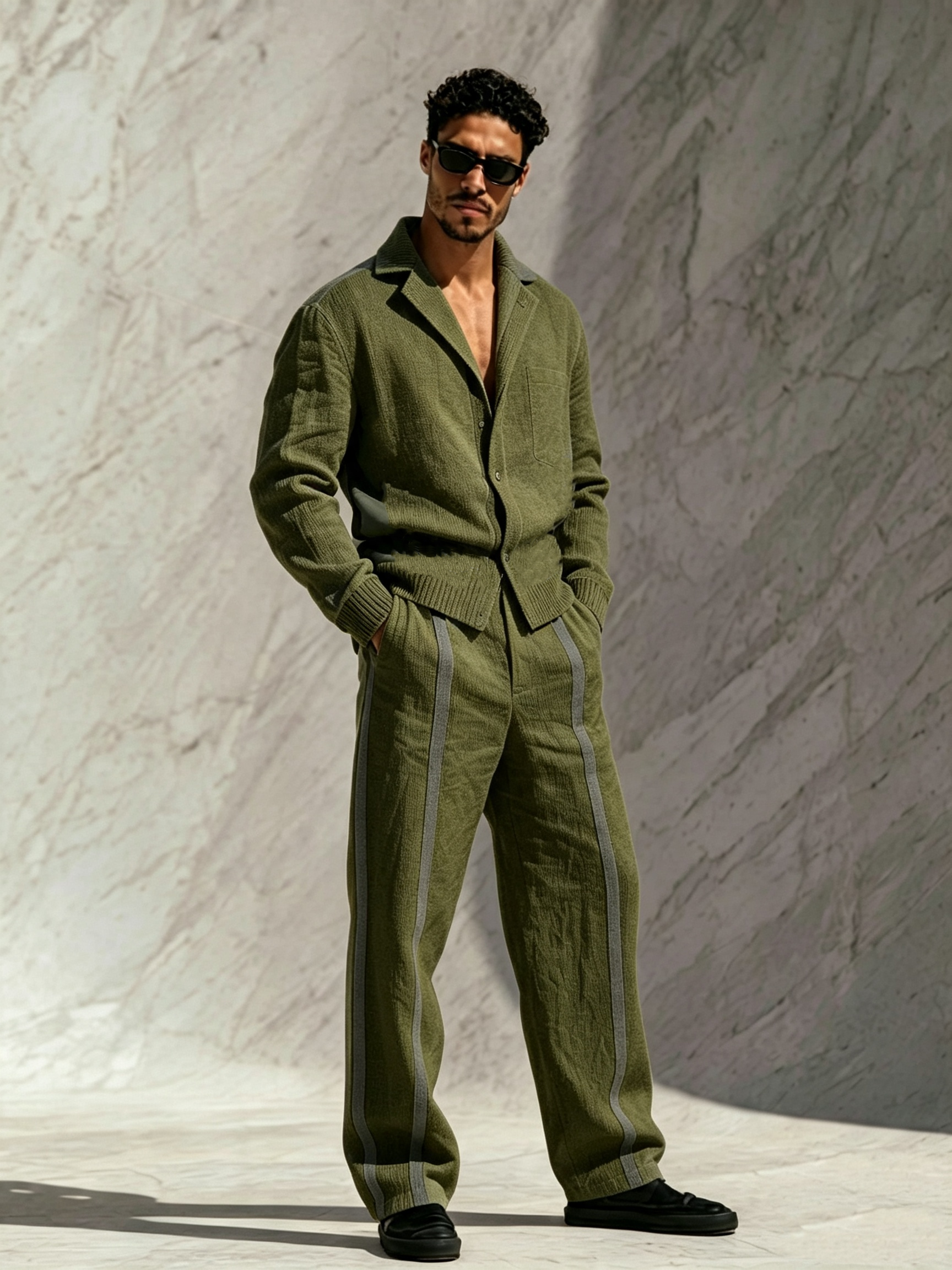 Men's Fashion Knit Top & Pure Cotton Casual Straight-Leg Pants Set