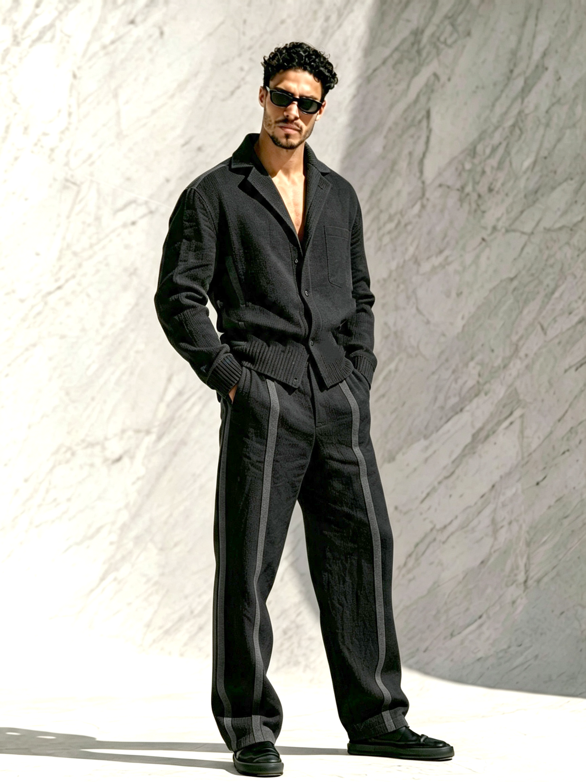 Men's Fashion Knit Top & Pure Cotton Casual Straight-Leg Pants Set