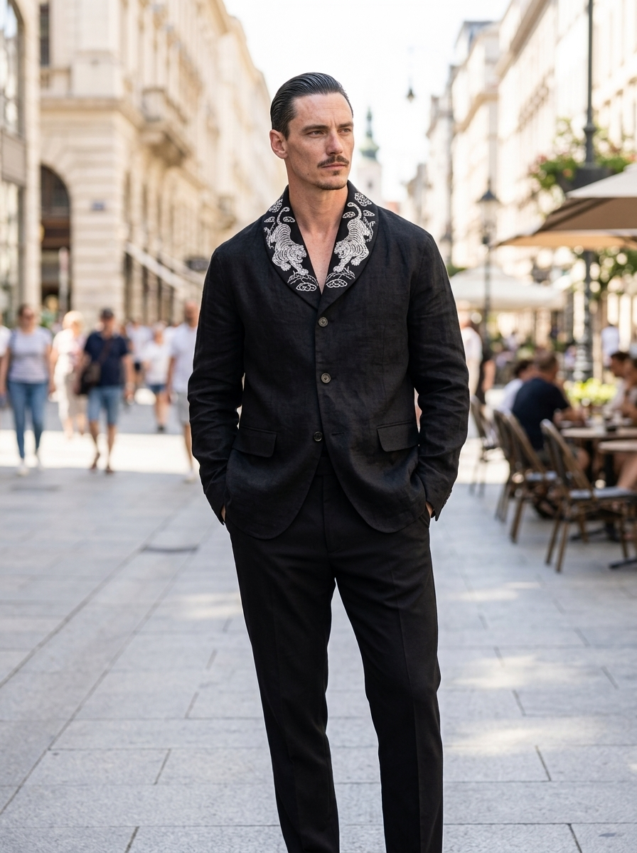 Men's Casual Cotton-Linen Jacket with Embroidered Collar