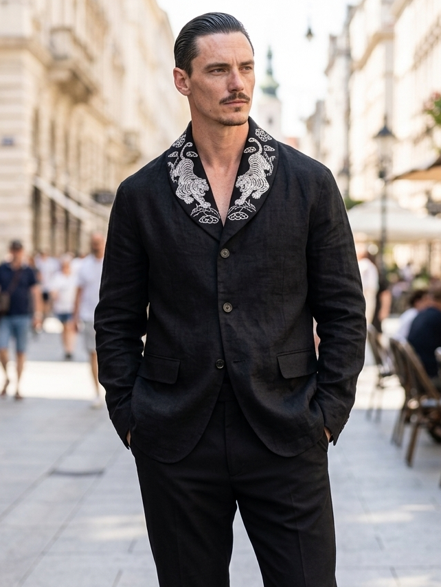 Men's Casual Cotton-Linen Jacket with Embroidered Collar