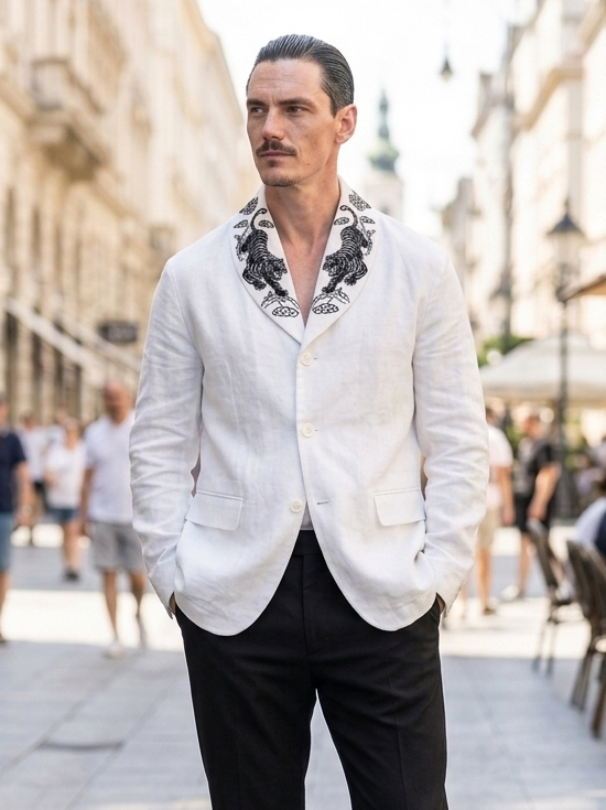 Men's Casual Cotton-Linen Jacket with Embroidered Collar