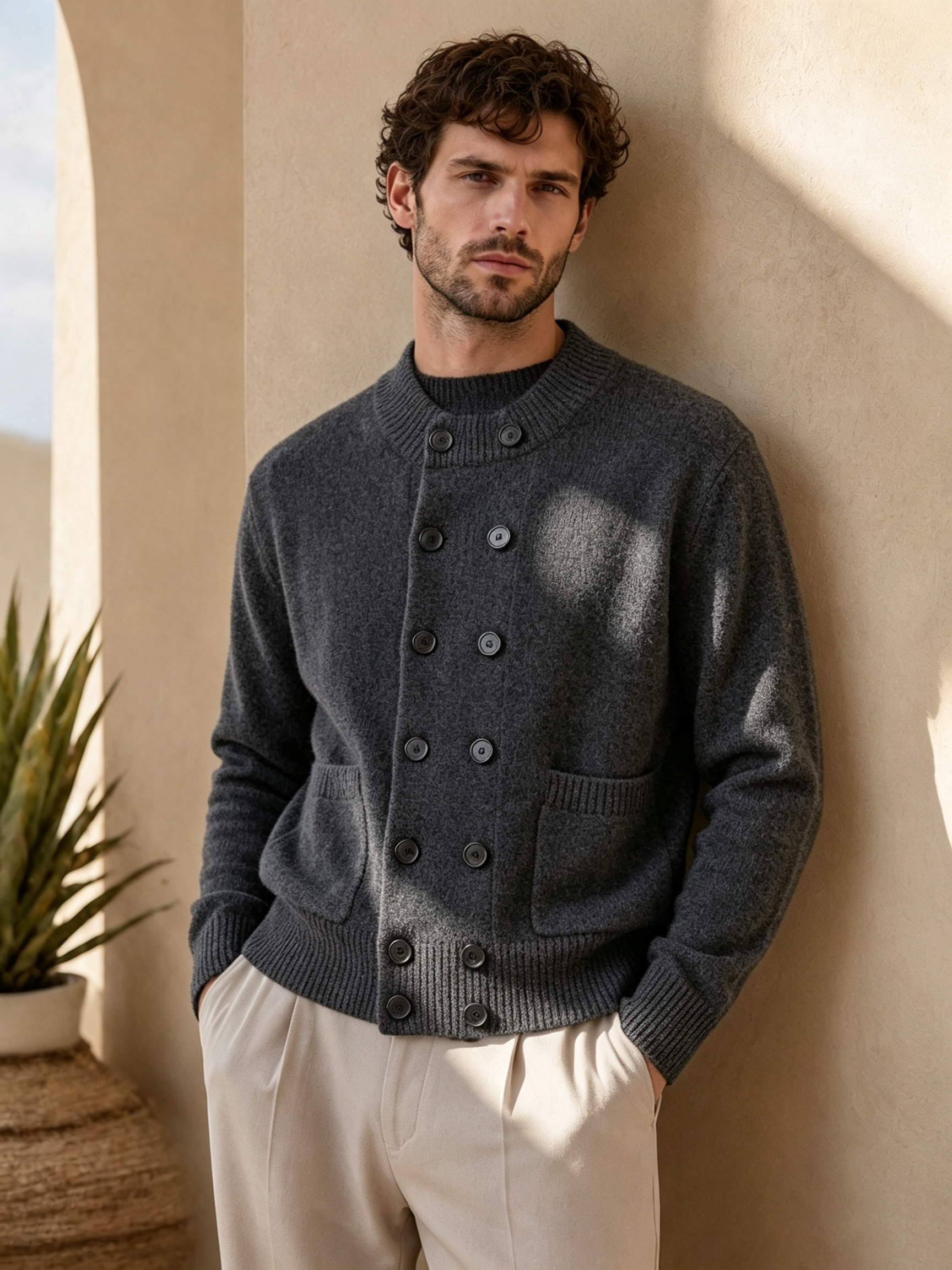 Men's Crew-Neck Double-Breasted Knit Cardigan