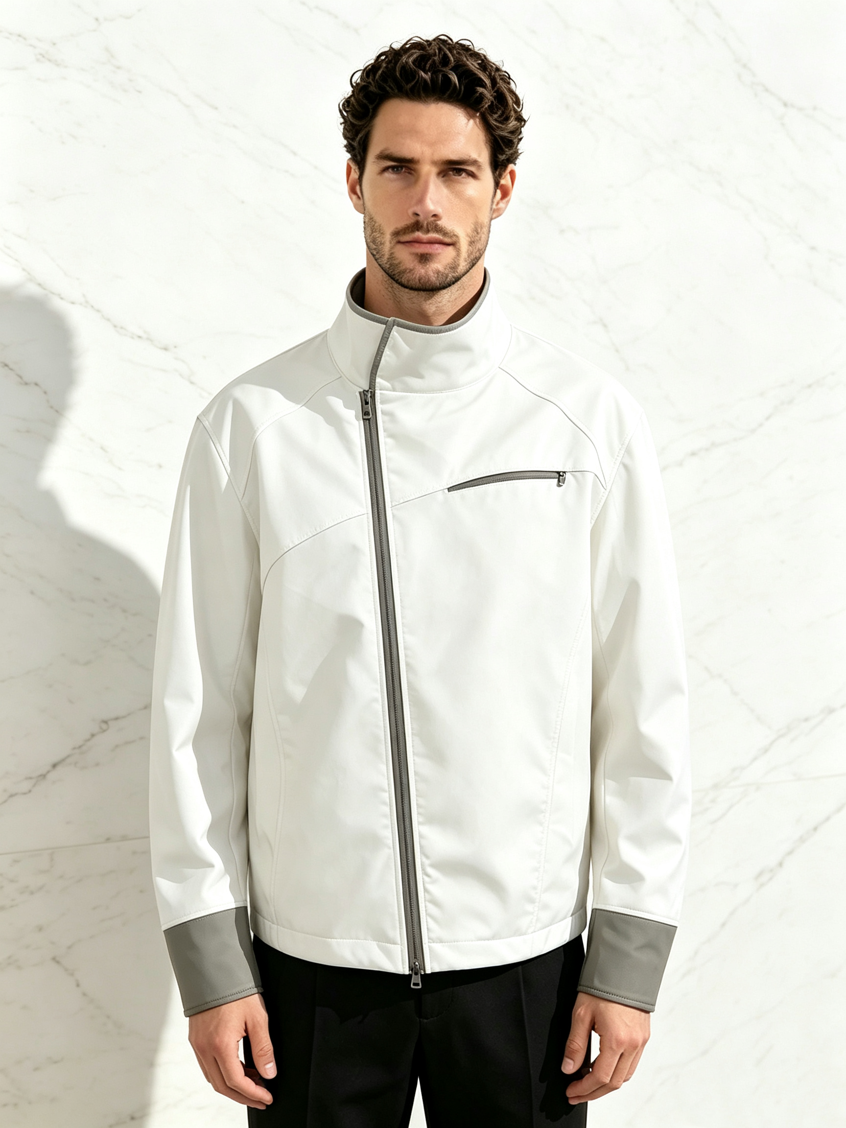Lightweight outdoor color-block jacket with a stand collar, diagonal zipper, and multiple pockets.