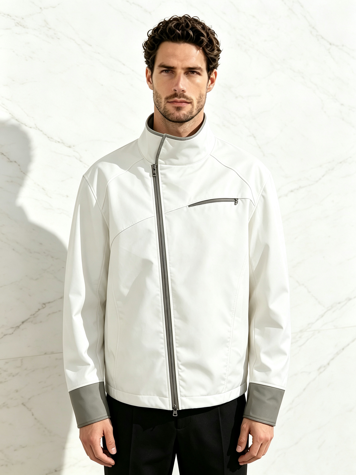 Lightweight outdoor color-block jacket with a stand collar, diagonal zipper, and multiple pockets.