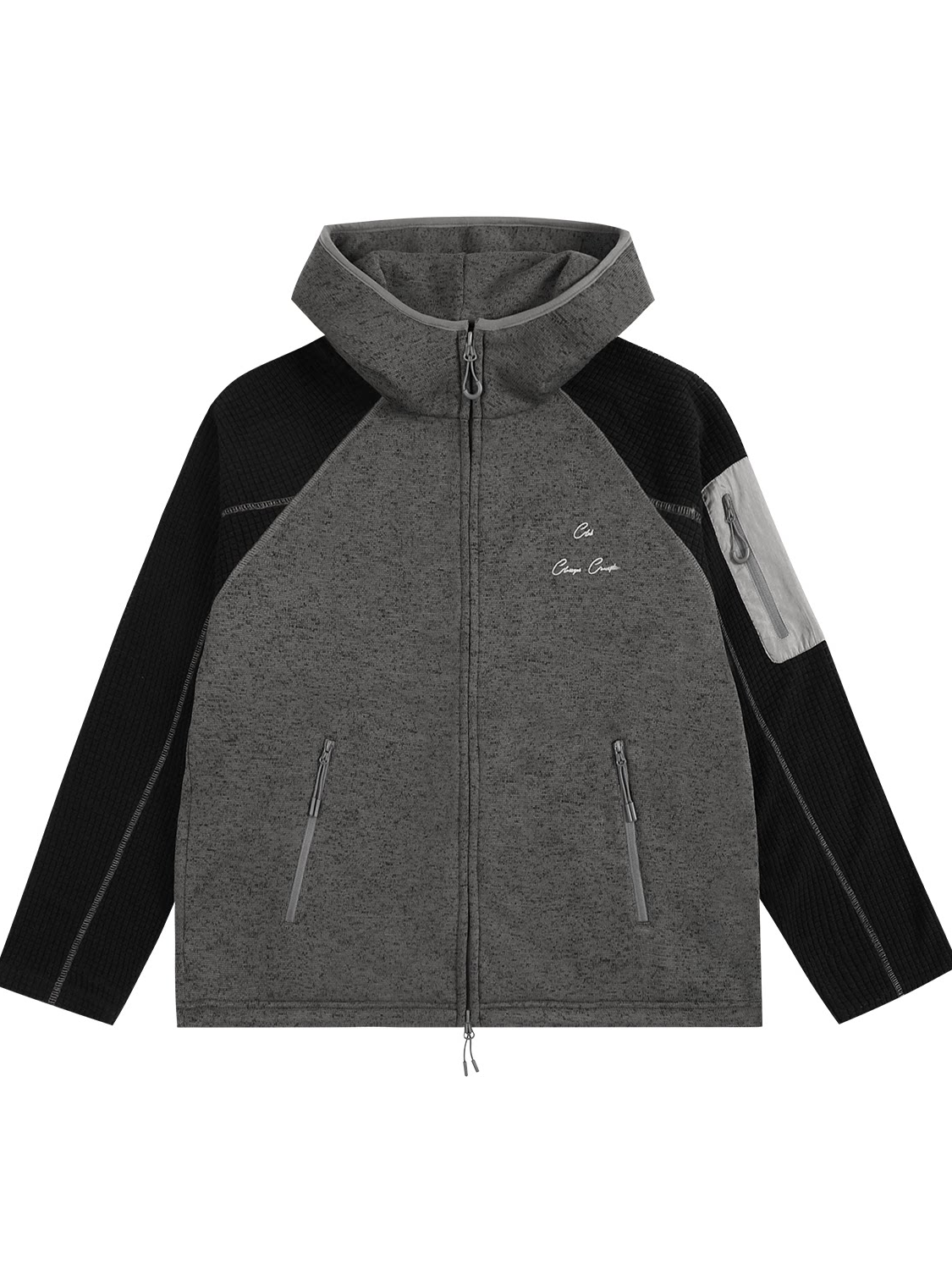 Color-block zip-up hooded jacket with stand collar and Hasselblad-style detailing