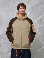 Color-block zip-up hooded jacket with stand collar and Hasselblad-style detailing