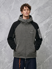 Color-block zip-up hooded jacket with stand collar and Hasselblad-style detailing