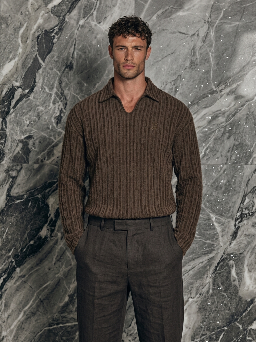 Men's Fashion V-Neck Embroidered Long-Sleeve Top