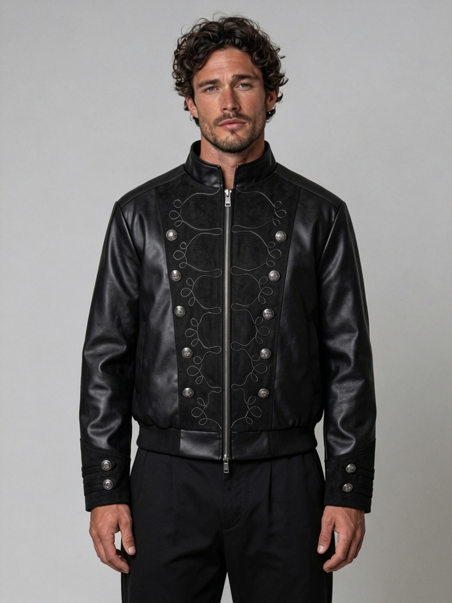 Men's Button-Front Napoleon-Style Leather Jacket