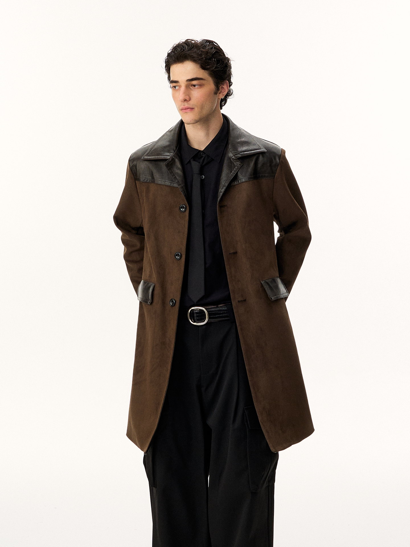 Men's long coat with leather paneling
