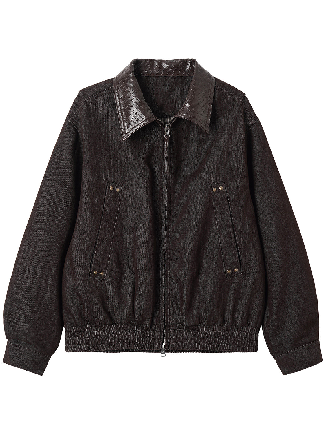Men's Leather Jacket with Knitted Collar and Paneling
