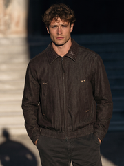 Men's Leather Jacket with Knitted Collar and Paneling
