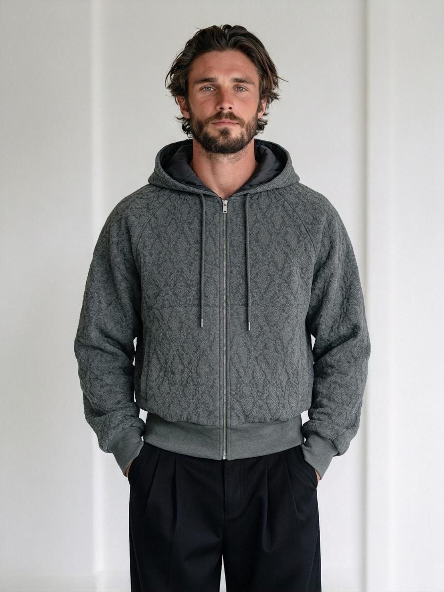 Men's cropped hooded sweatshirt with a textured jacquard finish