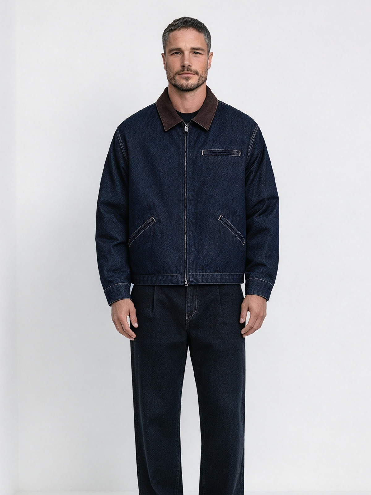 Oversized Padded Denim Workwear Jacket with Contrast Collar