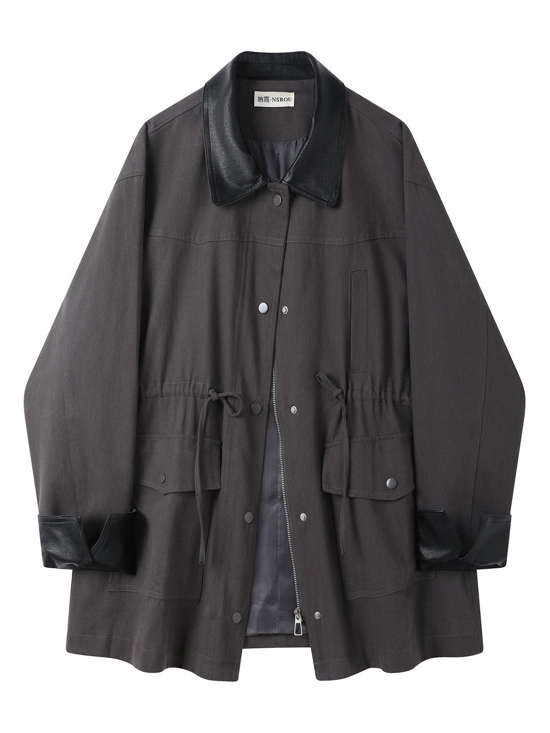 Vintage-style denim and leather-panel casual jacket