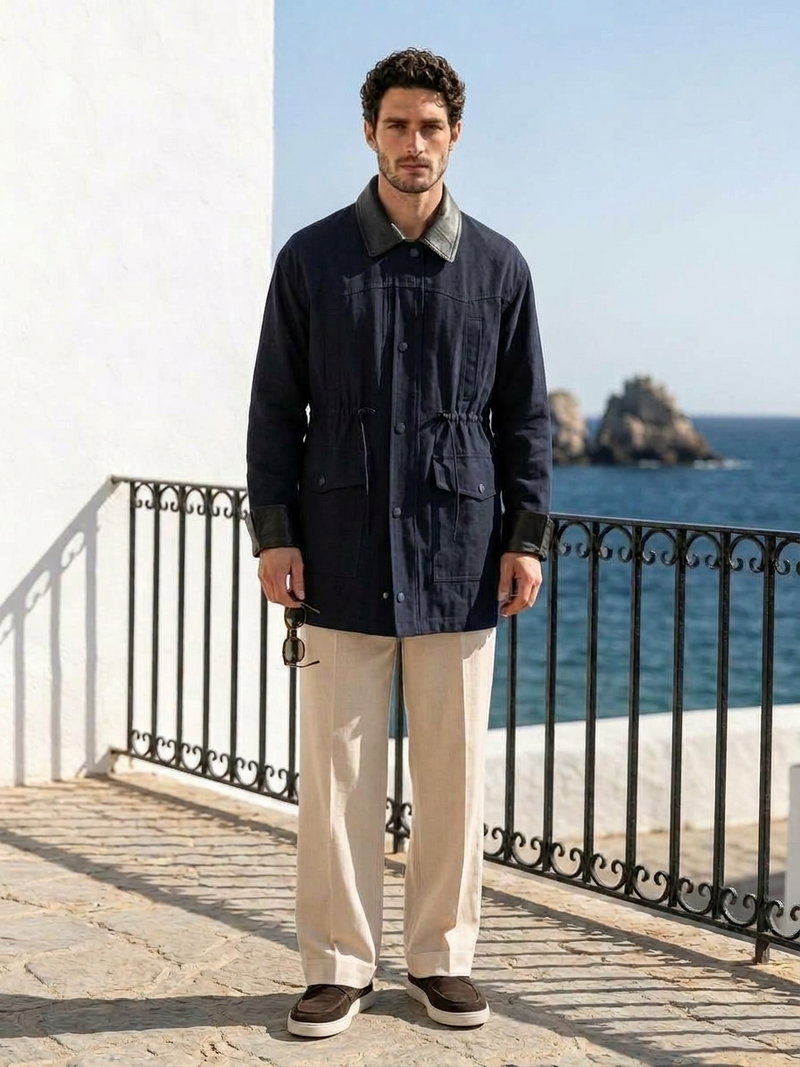 Vintage-style denim and leather-panel casual jacket