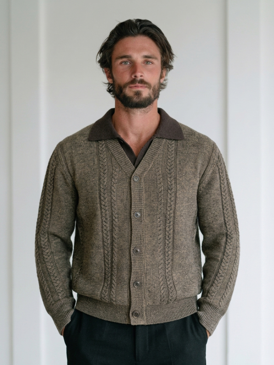 Vintage-style cable-knit high-neck cardigan – a relaxed, laid-back knitwear piece