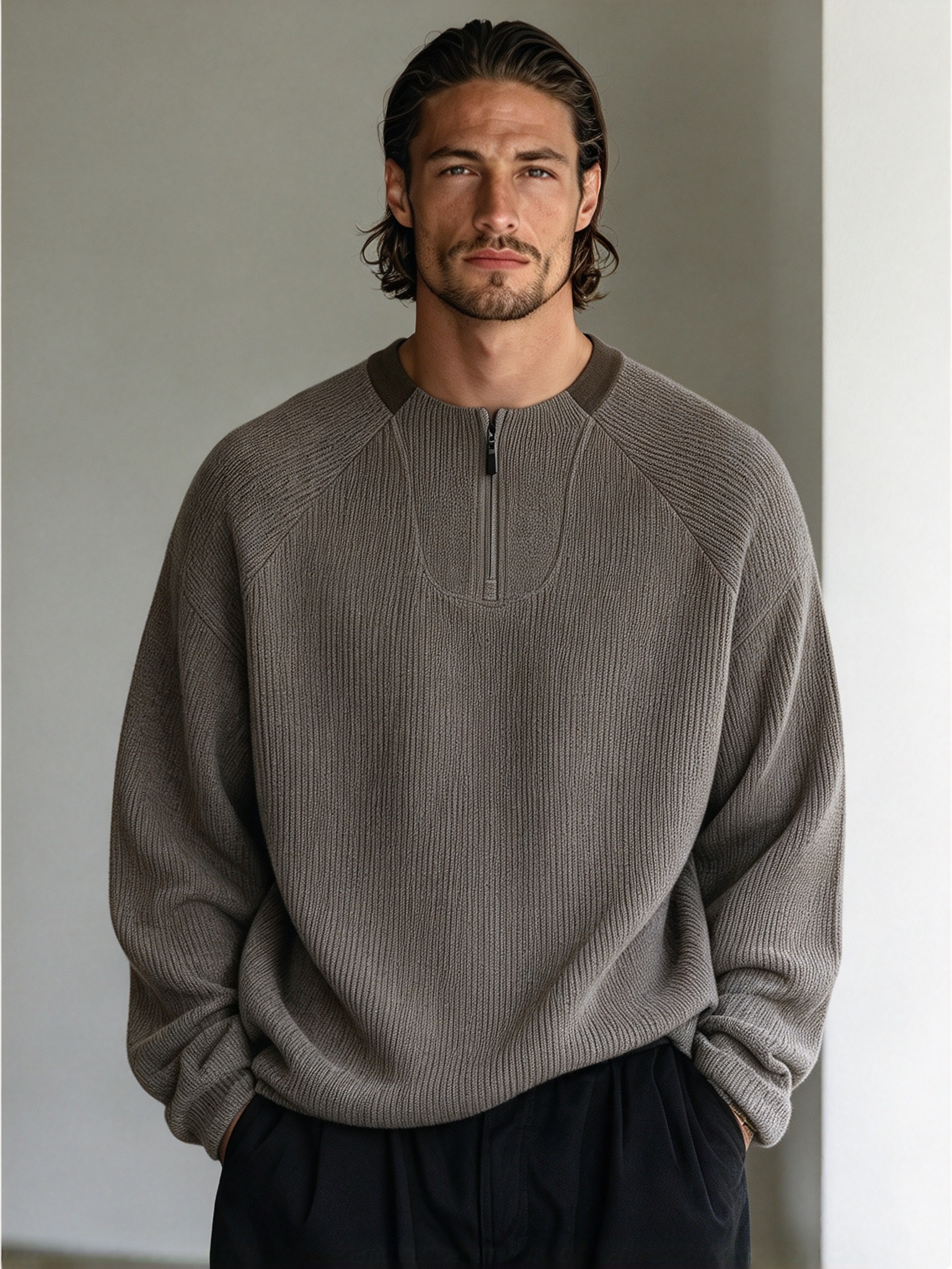 Dark Grey-Green Oversized Half-Zip Sweatshirt