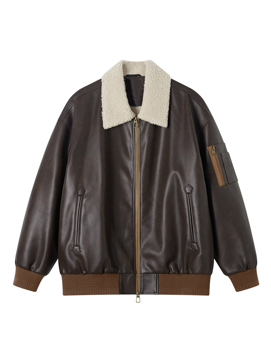 Autumn Faux-Shearling-Lined PU Leather Jacket with Lapel Collar