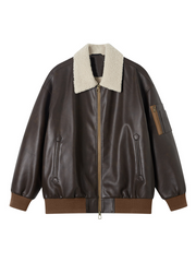 Autumn Faux-Shearling-Lined PU Leather Jacket with Lapel Collar