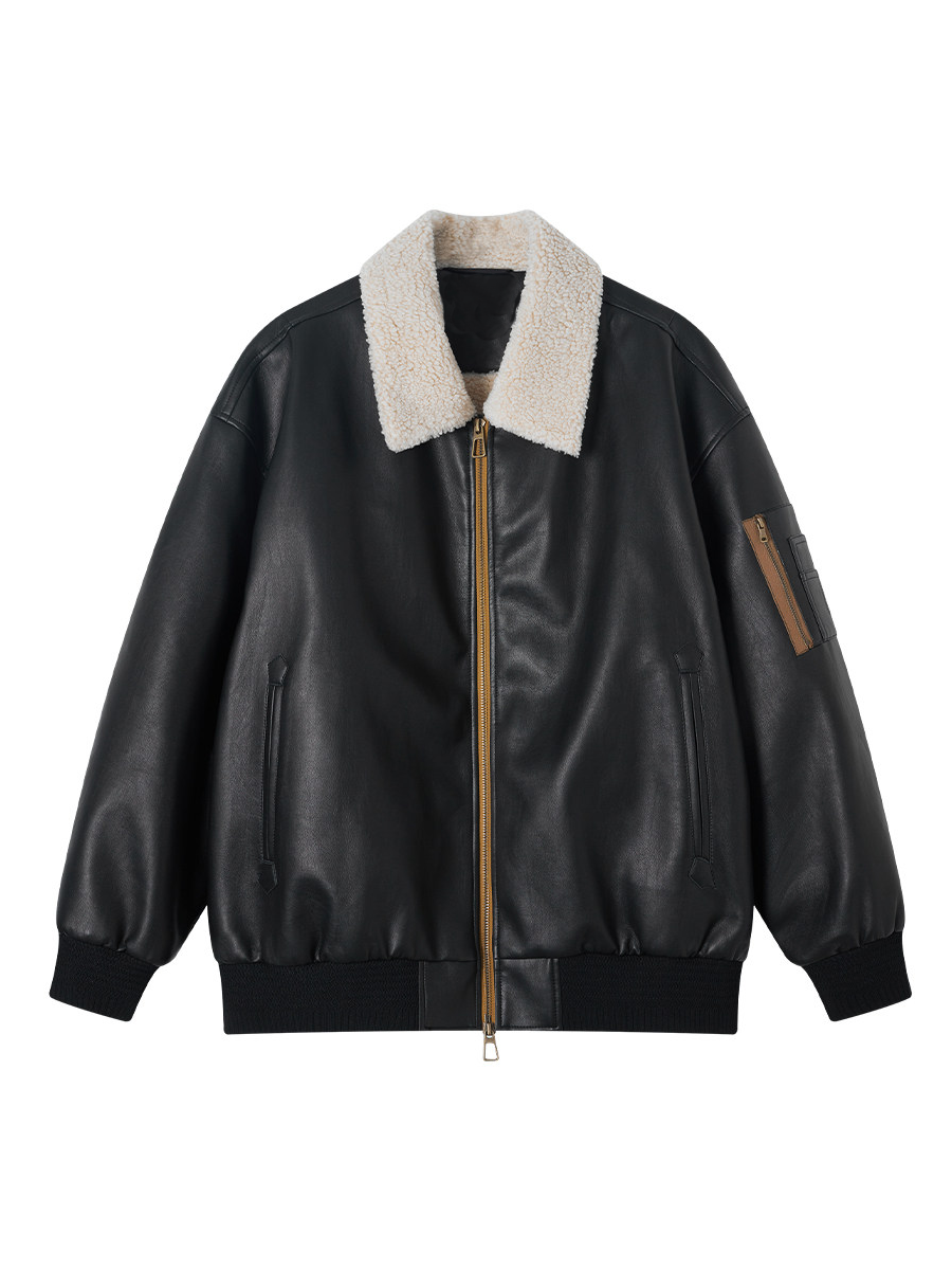 Autumn Faux-Shearling-Lined PU Leather Jacket with Lapel Collar