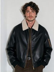 Autumn Faux-Shearling-Lined PU Leather Jacket with Lapel Collar